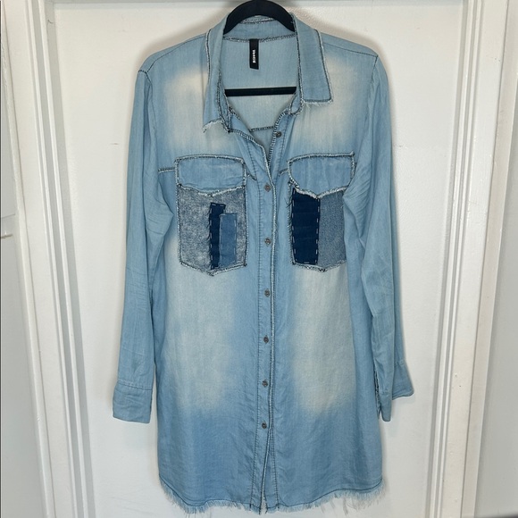 Venti6 Embellished Chambray Button Down Long Sleeved Shirt Dress - Picture 3 of 13